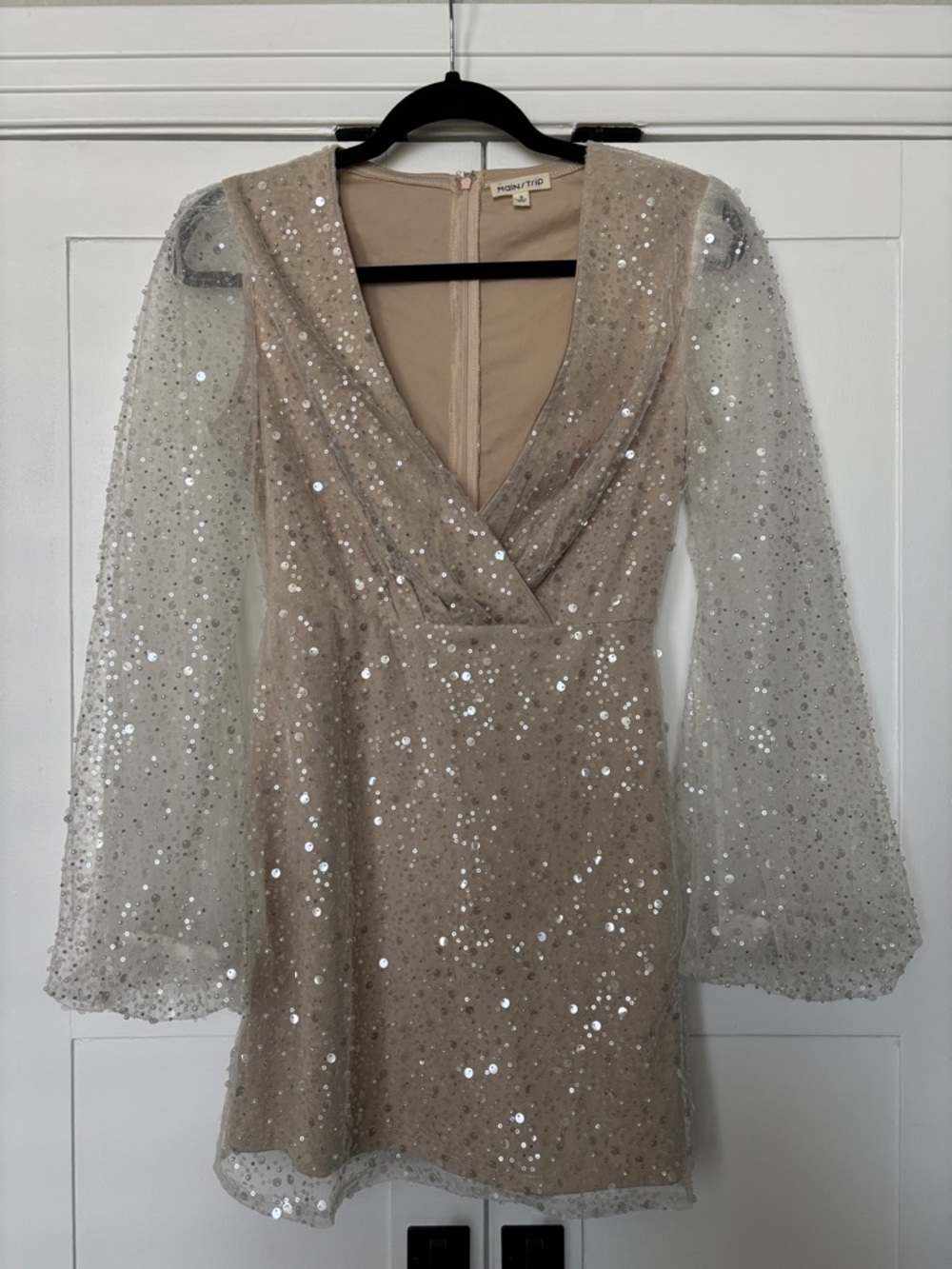 Main Strip Beige Sequin Mesh Long Sleeve Mini Dress